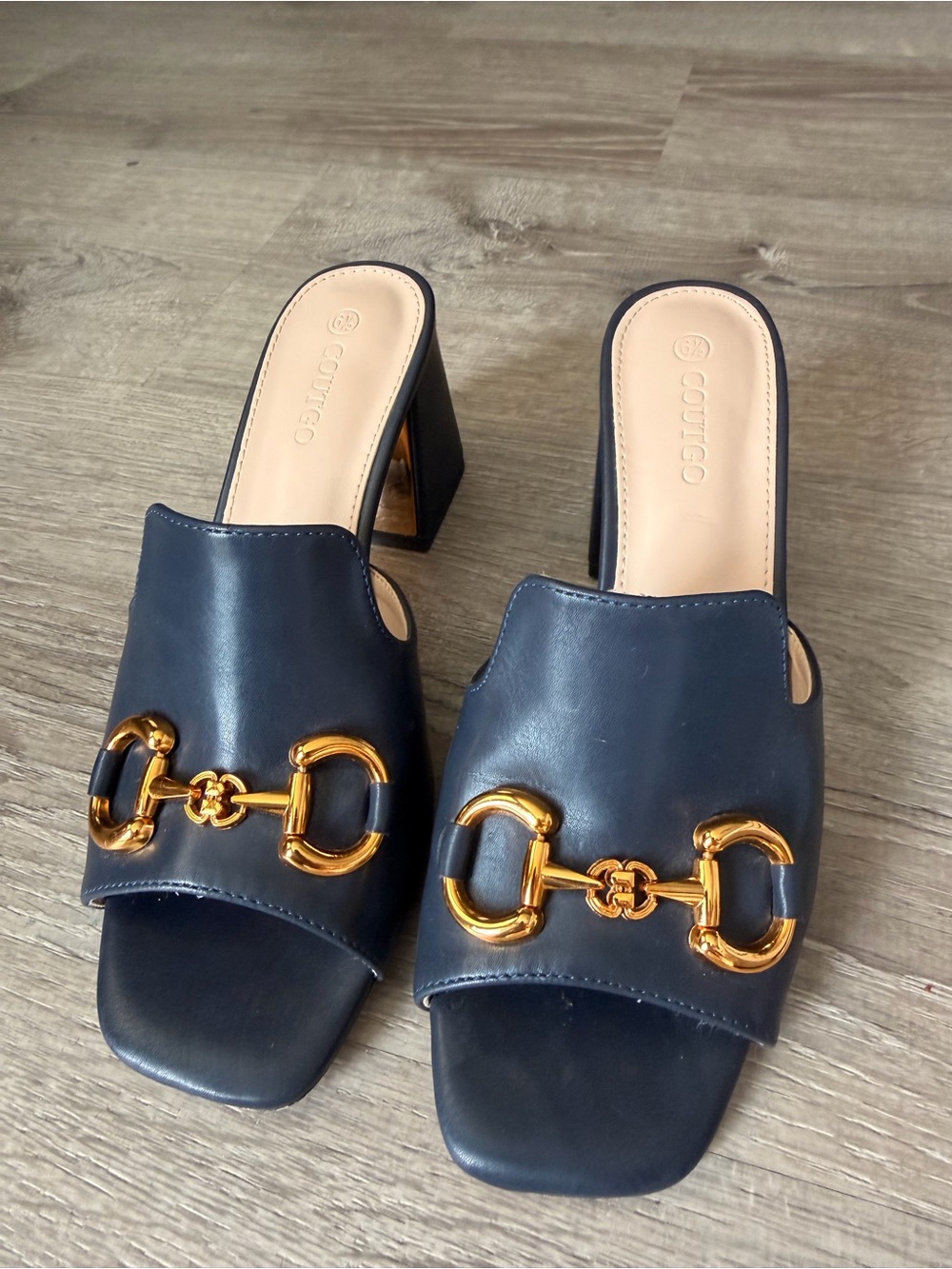Gold-Bit Navy Leather Block Heel Mules